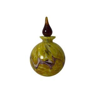 Handblown Glass Perfume Bottle Yellow & Purple Swirl Decorative Art Piece 5 Inch